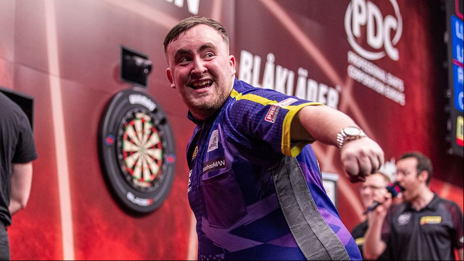 Luke Littler celebrates his nine-dart finish (Picture: Jonas Hunold/PDC Europe)