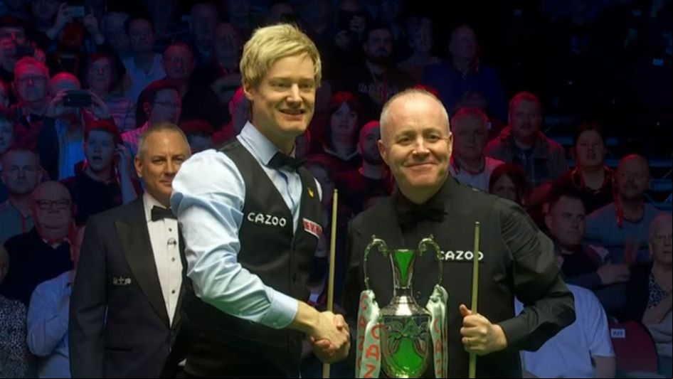 Neil Robertson and John Higgins before the final of the Tour Championship