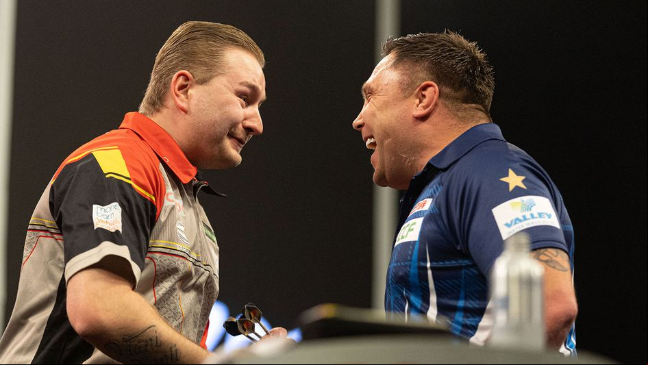 Dimitri Van den Bergh and Gerwyn Price (Picture: Taylor Lanning/PDC)