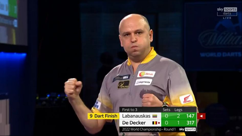 Darius Labanauskas celebrates hitting a nine-dart finish (Pic: Sky Sports)