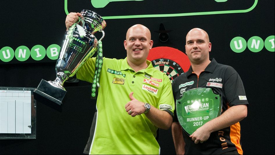 Michael van Gerwen with the European Championship trophy (Picture: Kelly Deckers)